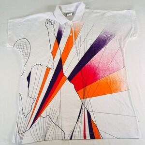 Vintage Sergio Tacchini Tennis Graphic Polo Shirt White Size 8 Made in Korea